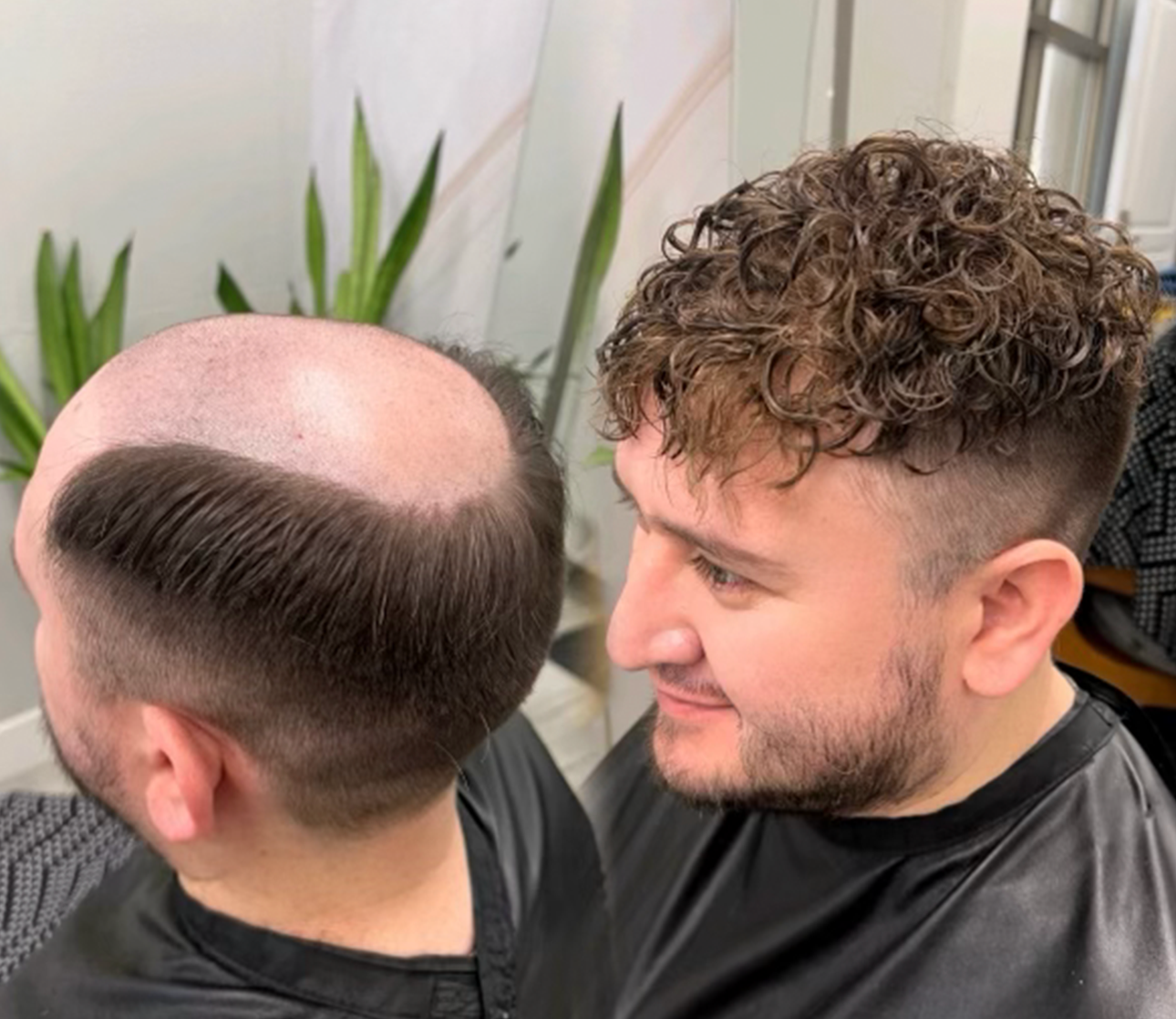 Curly men's hair unit before-and-after result at The Men's Grooming Suite in Kenosha